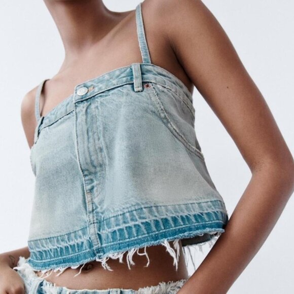 Zara Women's Denim Crop Tank Top With Adjustable Straps Size L - Picture 1 of 4